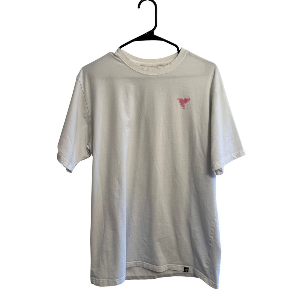 Birddogs Men's XL White Graphic T-Shirt Pink Bird Logo Tropical Back Print Tee